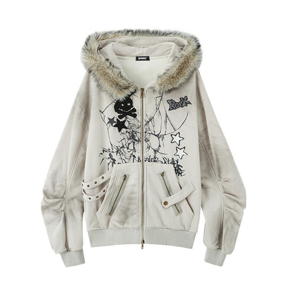 Graphic Fake Fur Hood Bunny Ear Zipper Hoodie Jacket NA8923
