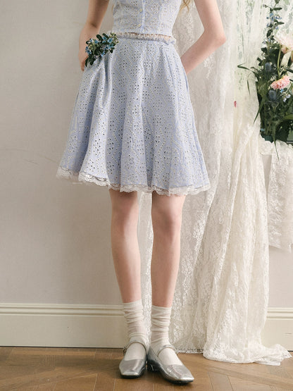 Embroidery Lace Short Sleeve Shirt & Short Skirt Setup NA5932