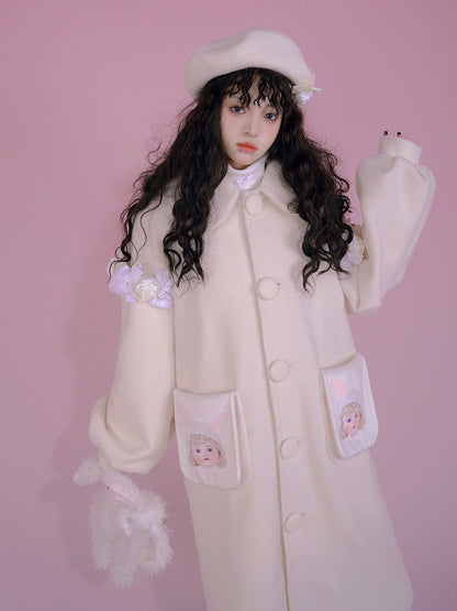 Puff Sleeve Doll Print Wool Coat NA8312