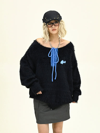 String Design Oversize Shaggy Knit Sweater NA6266