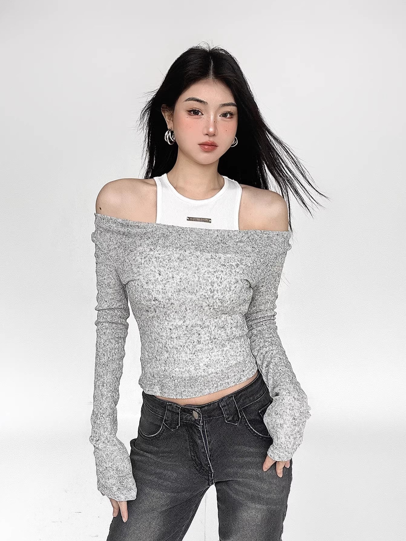 Off Shoulder Long Sleeve Knit Sweater Two Piece Set NA4641