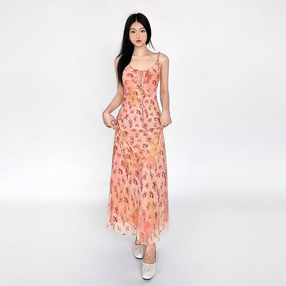 Mesh Sling Flower Print Long Dress NA4598