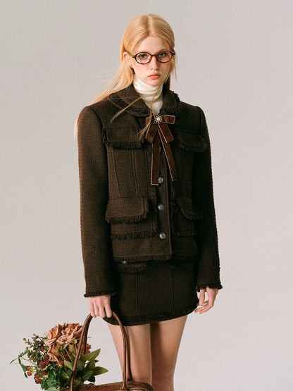 Bow Design Wool Blend Jacket & Short Skirt Setup NA5916