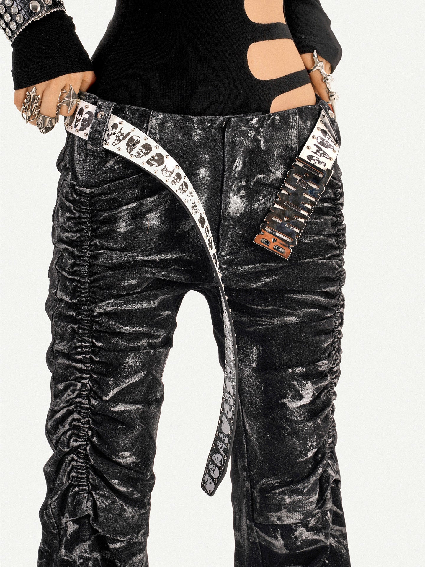 Lightning Print Deconstructed Pleats Flare Denim Jeans NA8630