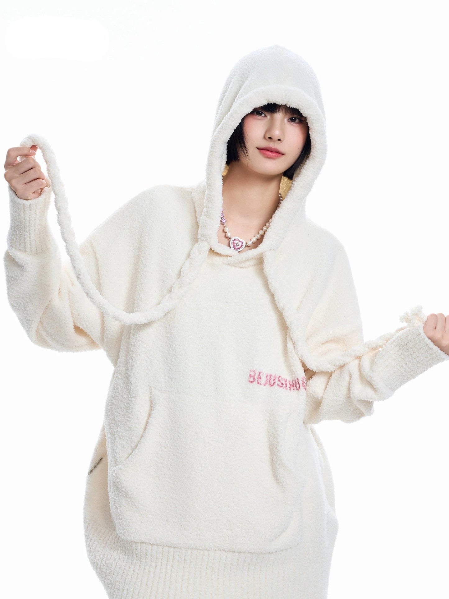 Drawstring Soft Knit Pullover Hoodie WN9787-W