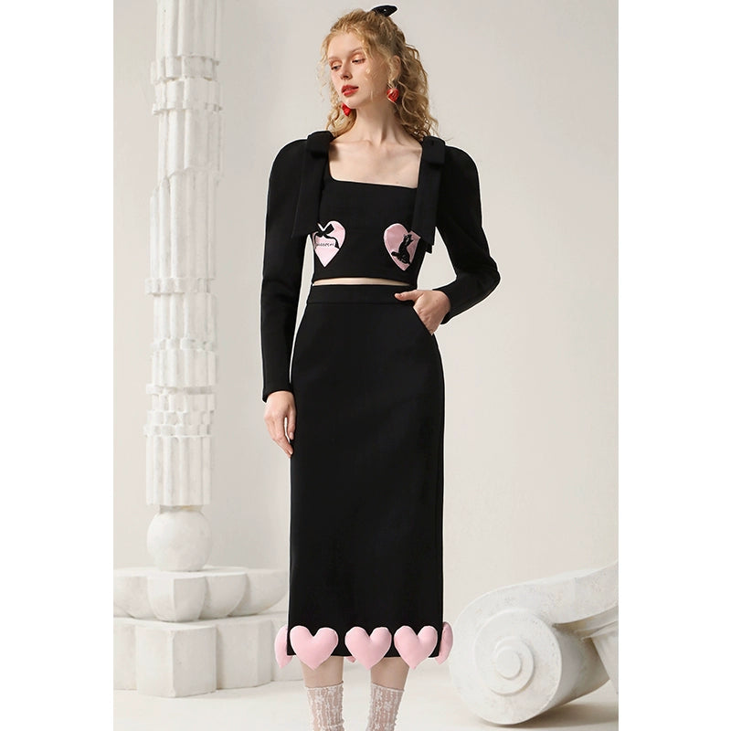 Heart-shaped Design Contrasting Color Shirt & Skirt Setup NA5501