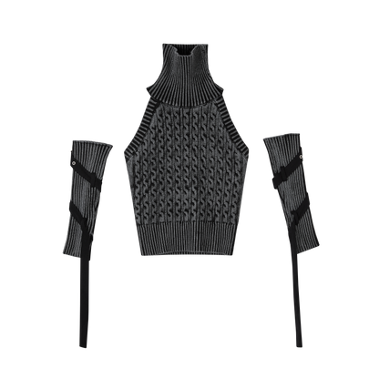 High-Neck Sleeveless Lace-Up Backless Knit Sweater & Arm Warmers NA8908