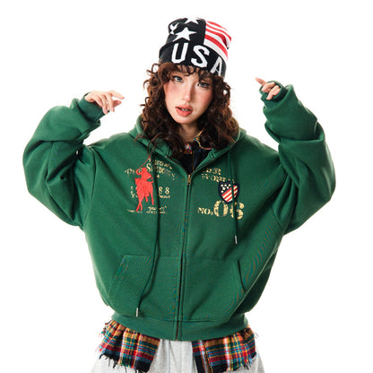 Letter Embroidery Washed Zipper Hoodie WN9345