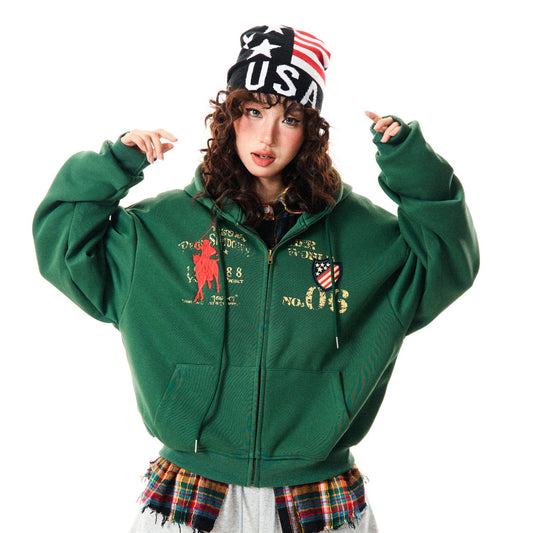 Letter Embroidery Washed Zipper Hoodie WN9345
