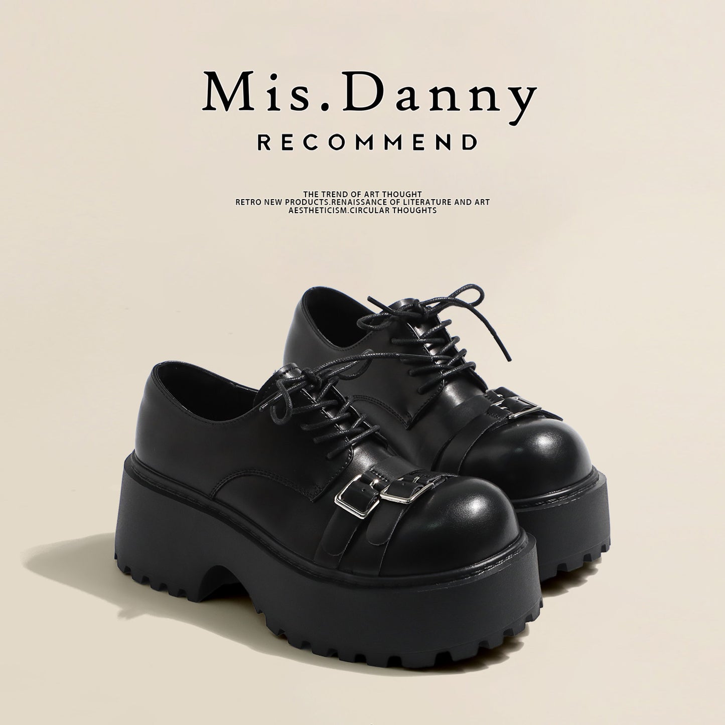 Metal Buckle Platform Round Toe Lace-Up Heeled Shoes NA8760