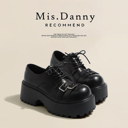 Metal Buckle Platform Round Toe Lace-Up Heeled Shoes NA8760