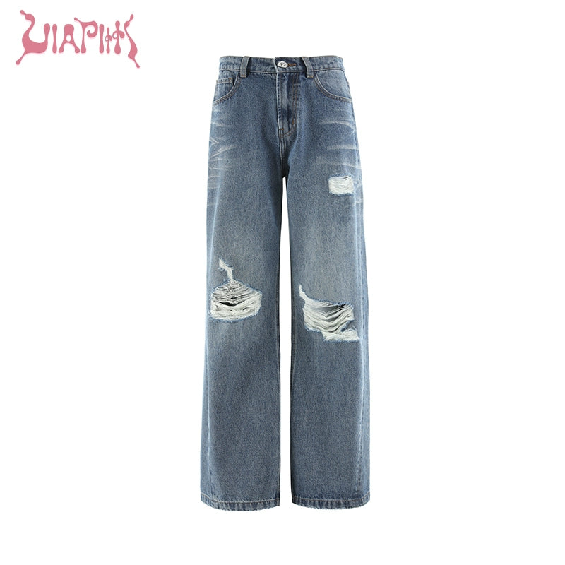 Damaged Wide-Leg Straight Denim Jeans NA4933