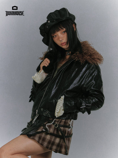 Detachable Fur Collar Glossy Padded PU Leather Jacket NA8907