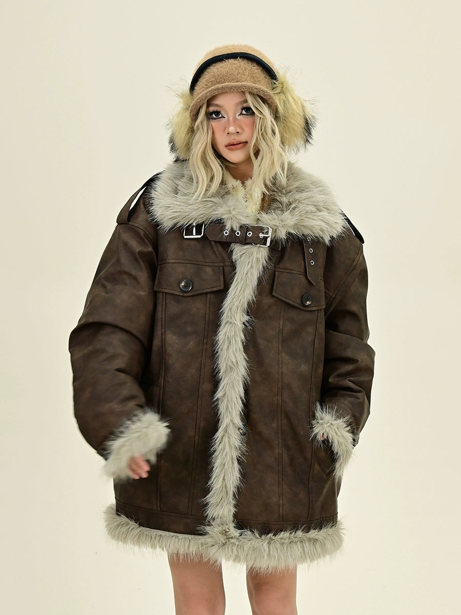 Oversize Fake Fur PU Leather Jacket NA6401