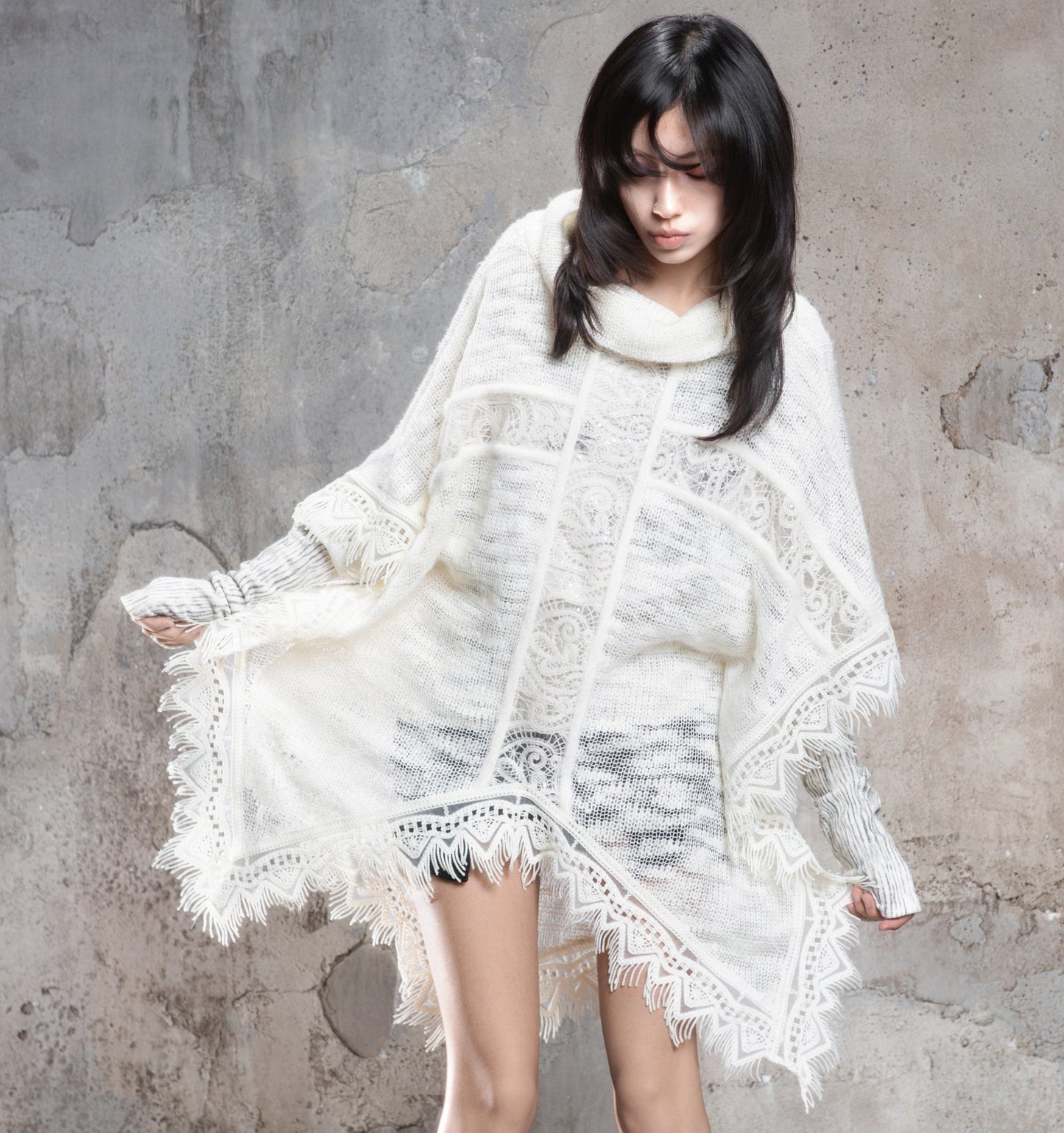 Punk Cross Cape Asymmetric Fringe Knit Sweater NA8355