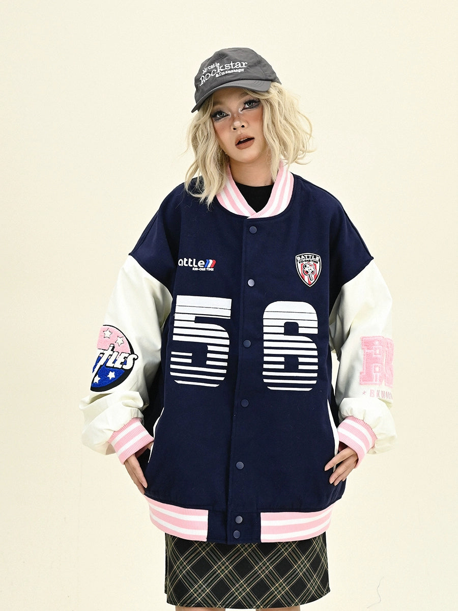 Contrast Color Number Print Oversize Baseball Jacket NA6310