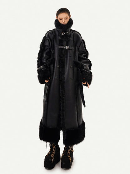 PU Leather Fake Fur Stand Neck Coat NA8609
