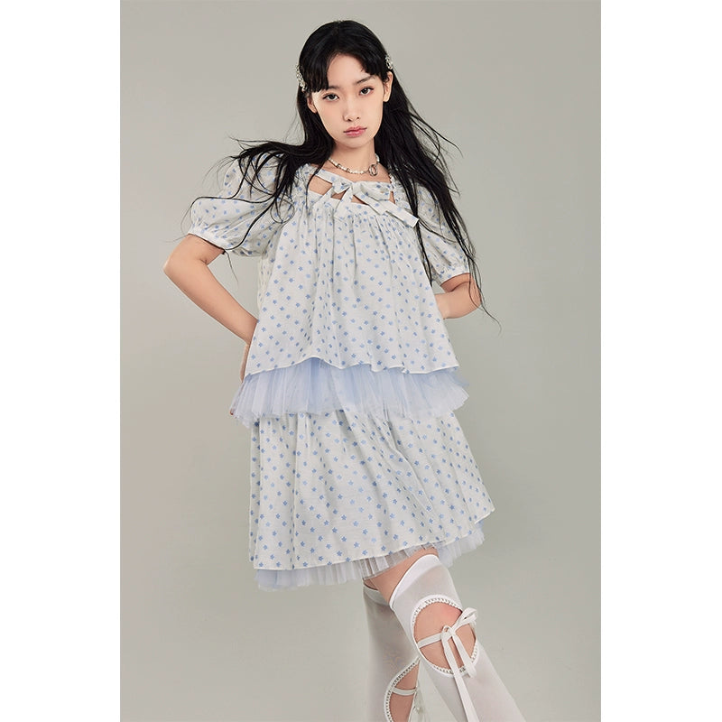 Polka Dot Pattern Lace Splicing Short Sleeve Shirt & Short Skirt Setup NA5409