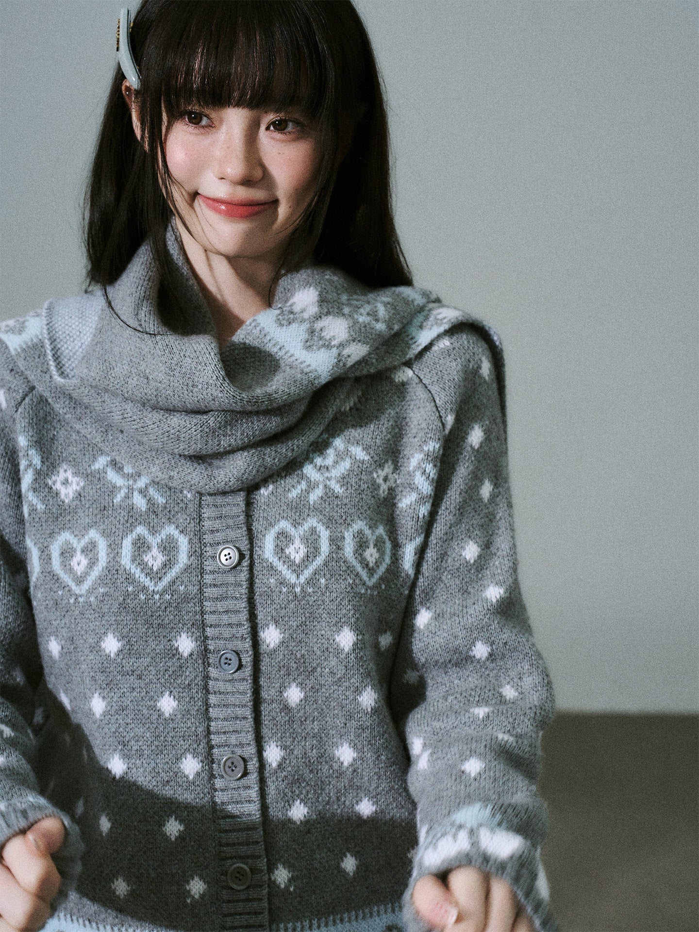 Fair Isle Pattern Wool Blend Scarf Knit Cardigan NA8791