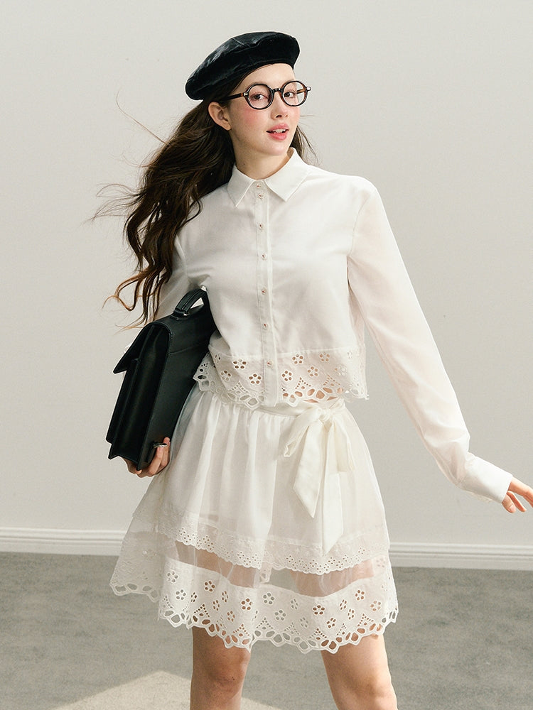 Lace Long Sleeve Shirt & Lace Short Skirt Setup NA5935