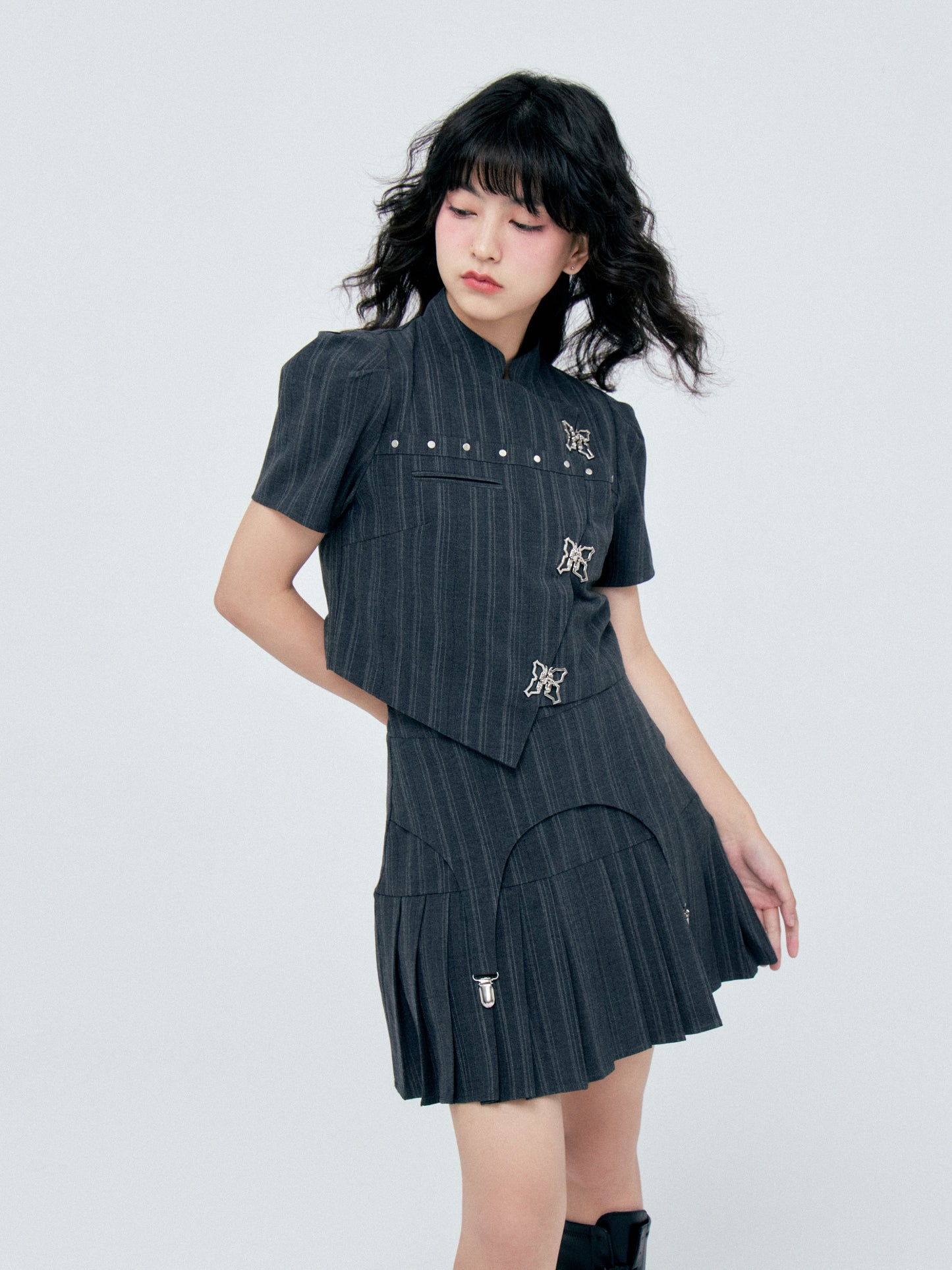 Bow Detail Pinstripe Cropped Shirt & Pleated Skirt Setup NA8838