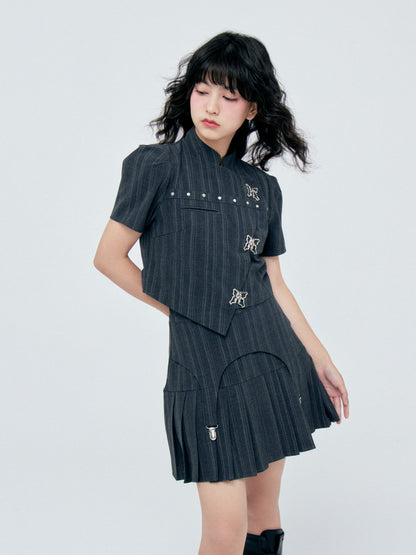 Bow Detail Pinstripe Cropped Shirt & Pleated Skirt Setup NA8838