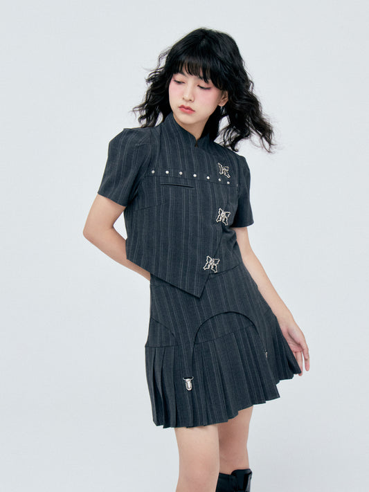 Bow Detail Pinstripe Cropped Shirt & Pleated Skirt Setup NA8838