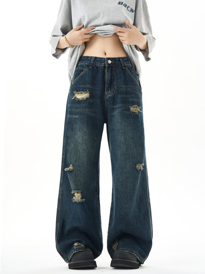 Washed Wide-Leg Straight Denim Jeans NA3057