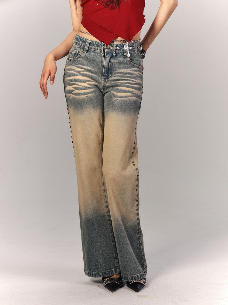 Washed Gradient Studs Detail Flare Denim Jeans NA9215