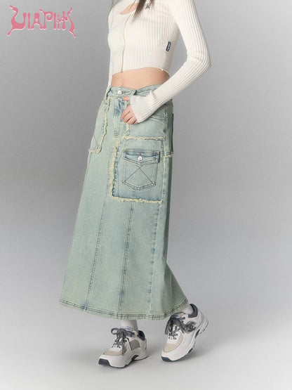 Washed Large Pocket Denim Long Skirt NA5039