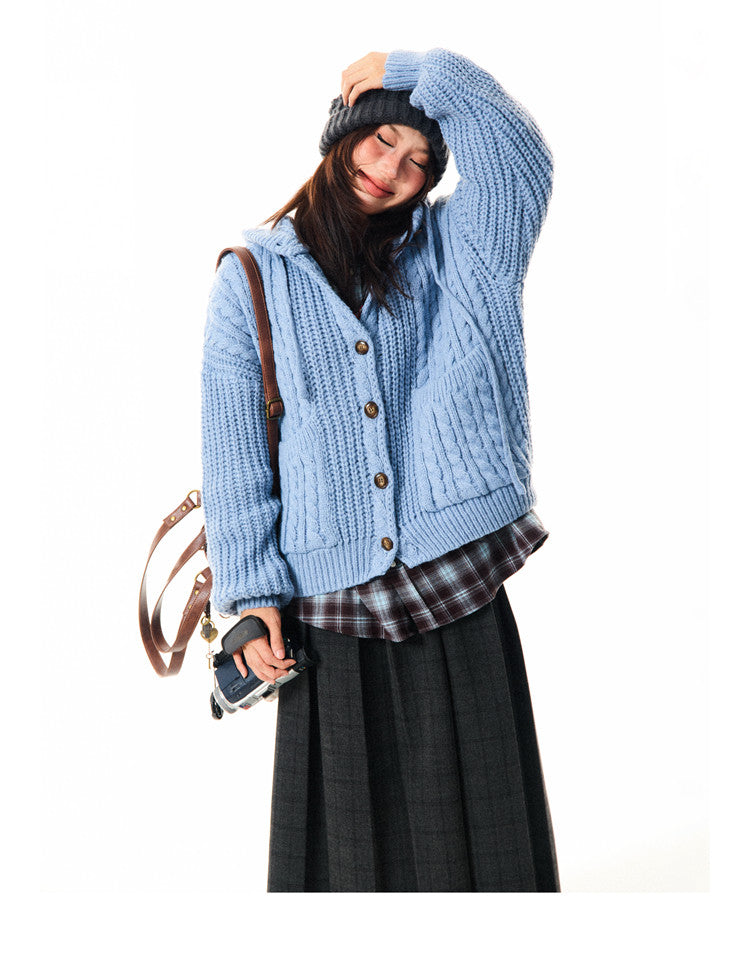 Hooded Button Oversize Cable Knit Cardigan NA9354