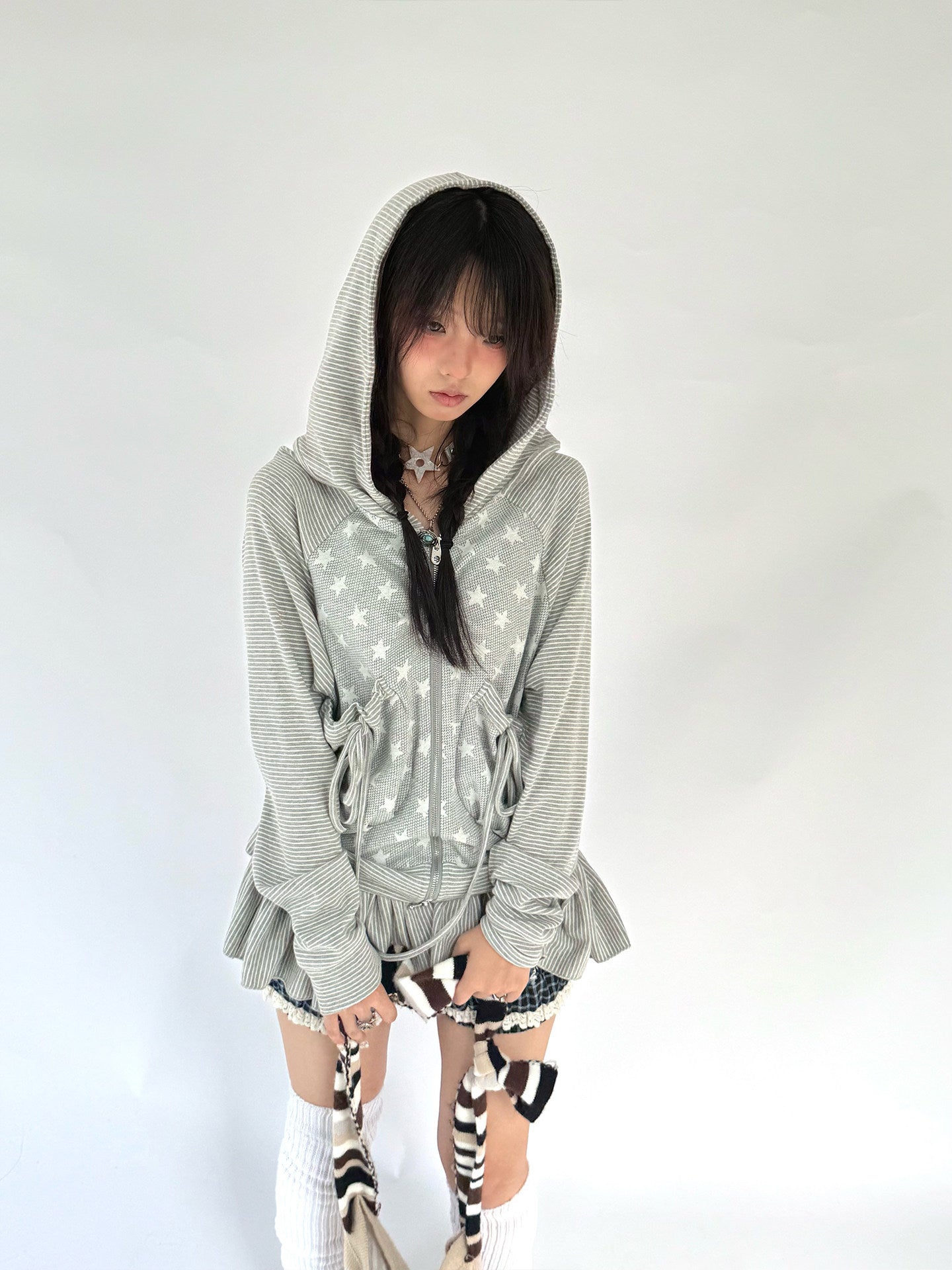 Striped Patchwork Hooded Drawstring Ruffle Jacket & Skirt Setup NA9266