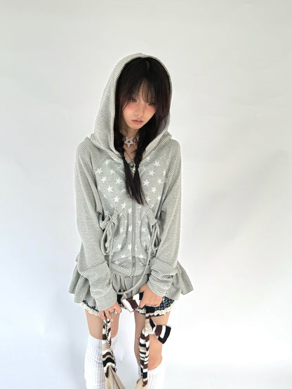 Striped Patchwork Hooded Drawstring Ruffle Jacket & Skirt Setup NA9266