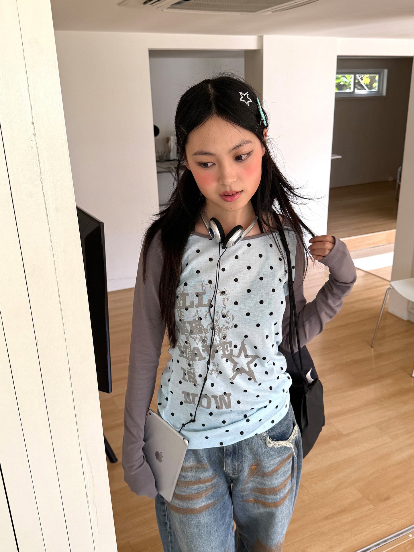 Polka Dot Letter Print Fake Layered Fitted Long Sleeve T-Shirt NA9295