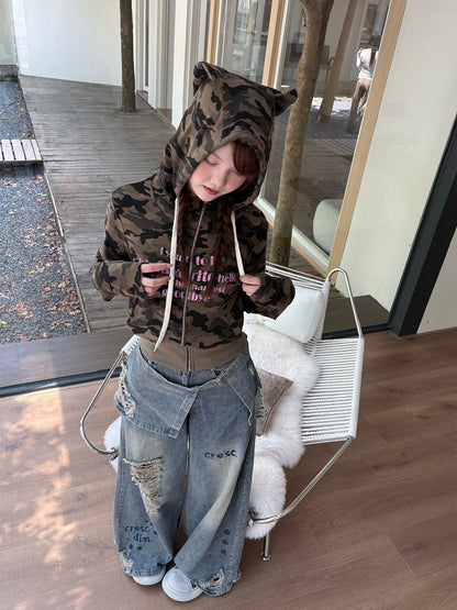 Devil Horn Hooded Print Zipper Hoodie NA9254