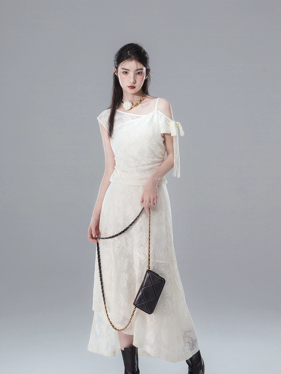 Irregular Splicing Lace Hollow Out Shoulder Shirt & Skirt Setup NA5547