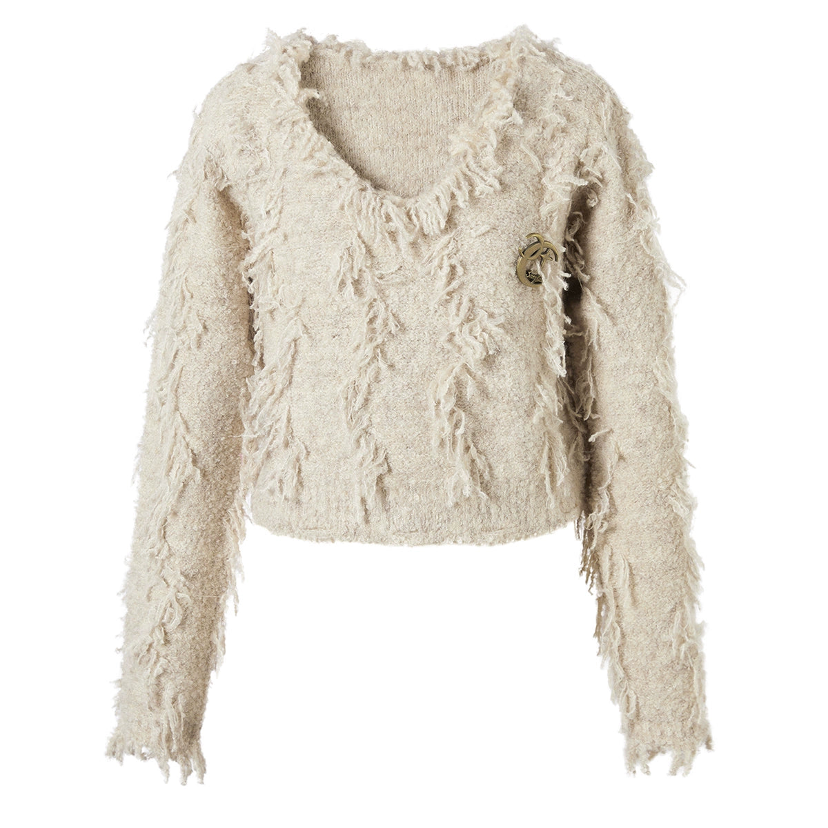 V-Neck Fringe Hem Oversize Knit Sweater NA6872