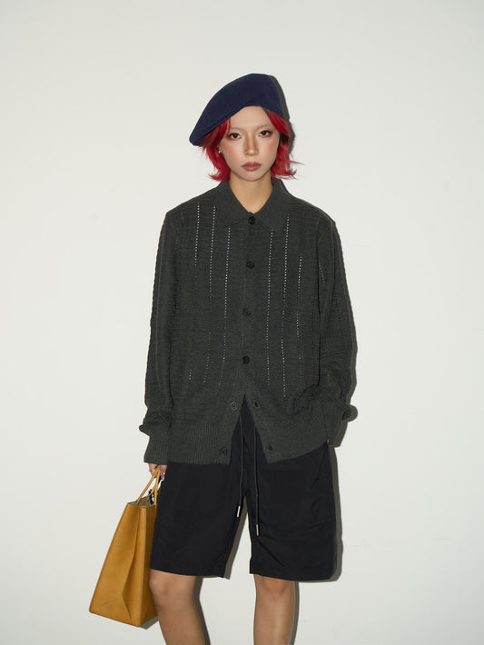 Hollow Textured Lapel Knit Cardigan NA9142