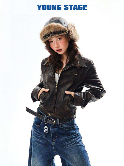 PU Leather Washed Zipper Short Length Jacket NA9387