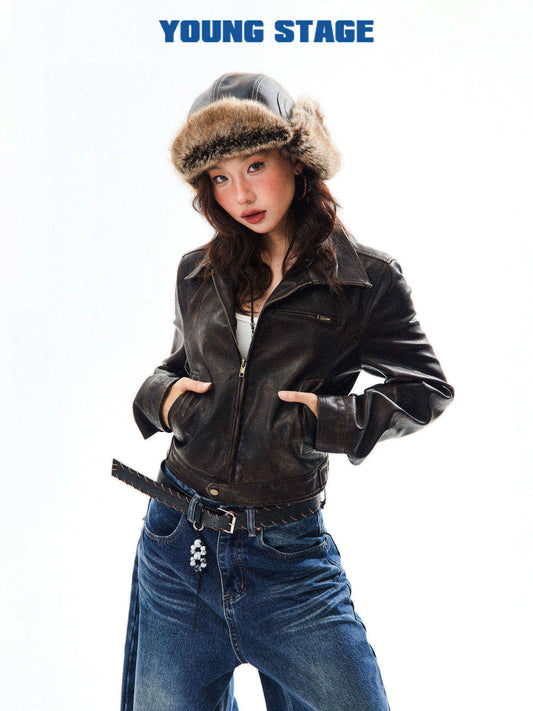 PU Leather Washed Zipper Short Length Jacket NA9387
