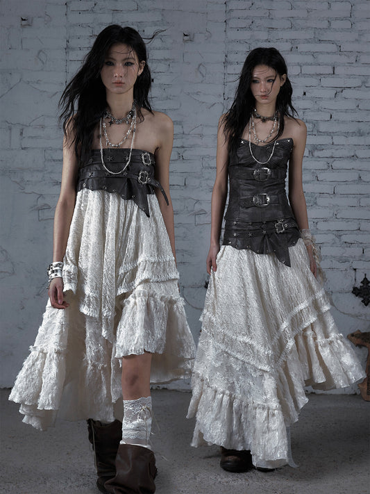 Asymmetric Lace Layered Belt Detail Skirt NA9003