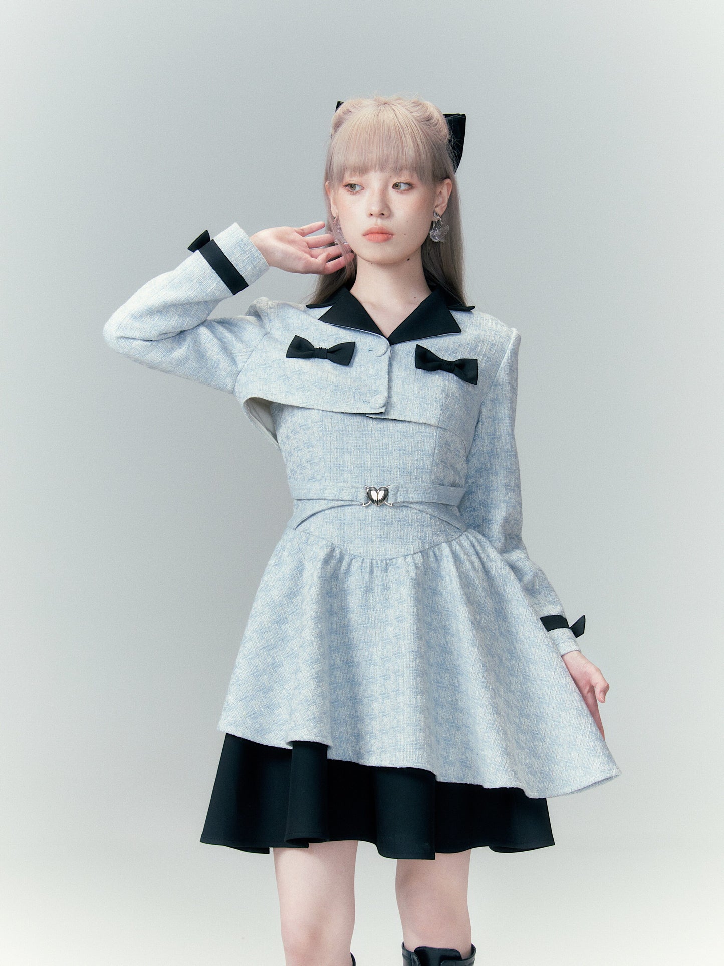 Bow Accent Cropped Jacket & Flared Dress Setup NA8808
