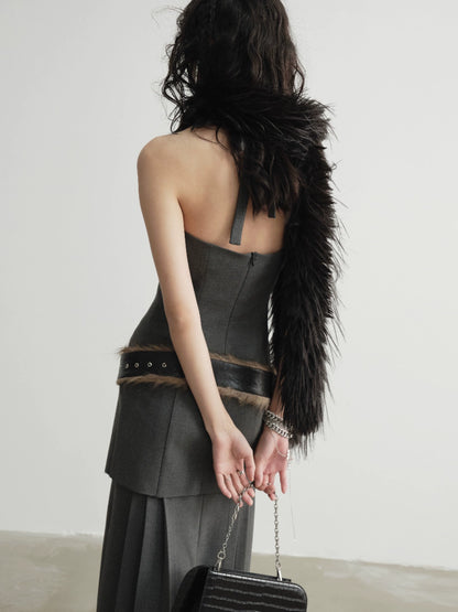 Hairy Belt  Low Waist Halter Strap Neck Dress NA5192