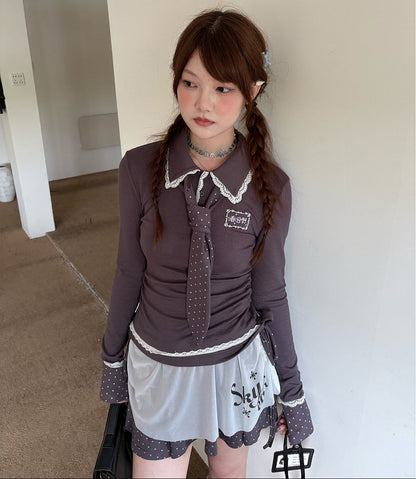Lace Patchwork Splice Long Sleeve Shirt NA9256