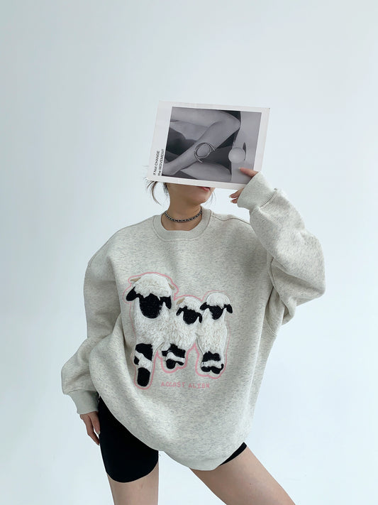 Sheep Patch Oversize Round Neck  Sweatshirt NA2796