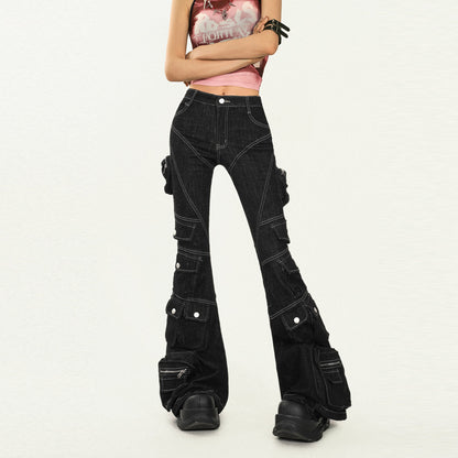 Utility Multi-Pocket Flare Cargo Denim Jeans NA8627