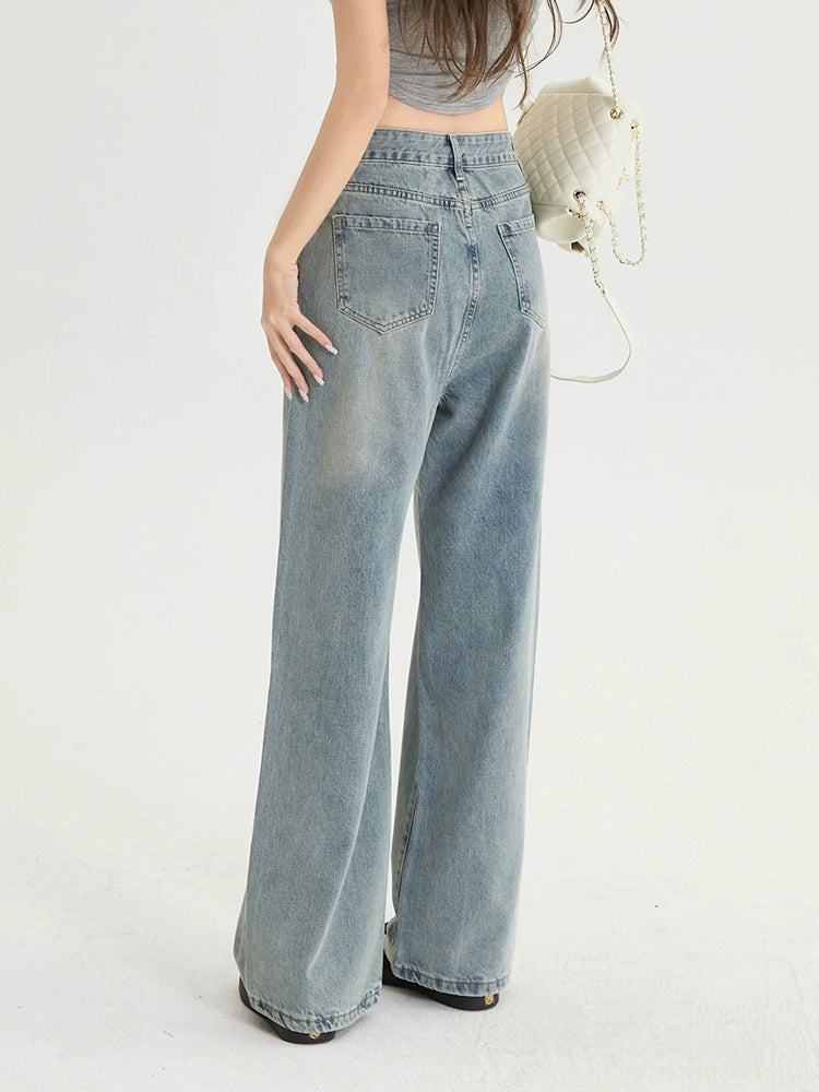 Washed Wide-Leg Straight Denim Jeans NA3368