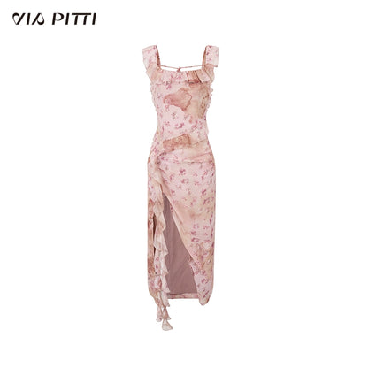 Flower Print Ruffle Long Dress With Slit NA4955