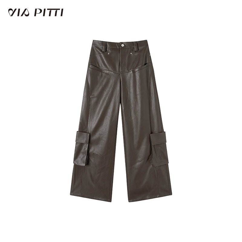 PU Leather Wide-Leg Straight Cargo Pants NA4754