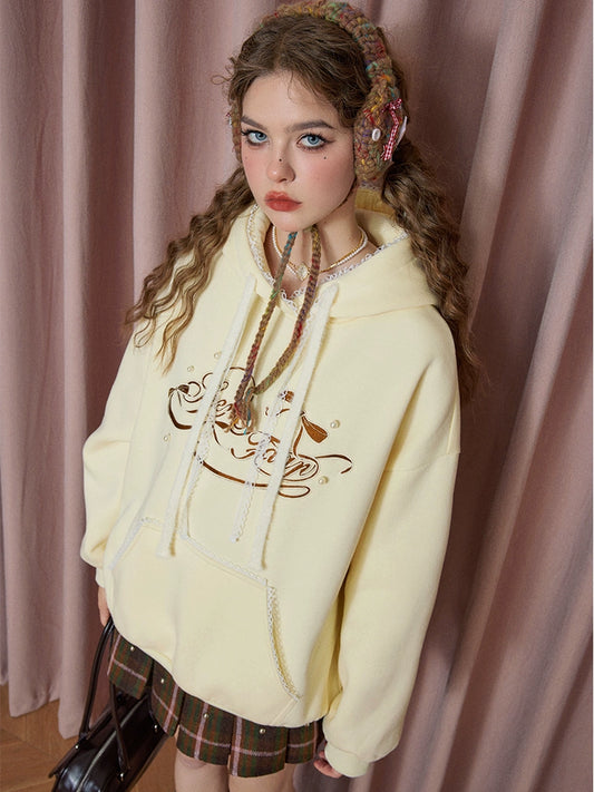 Lace Patchwork Embroidery Fleece Linning Oversize Pullover Hoodie NA6862